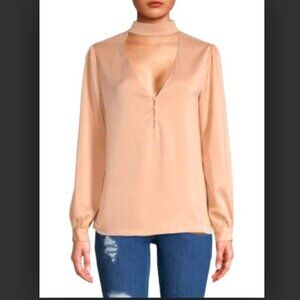 NEW L'Academie The Harper Choker Long Sleeve V Neck Blouse in Rose Pink Sz Small